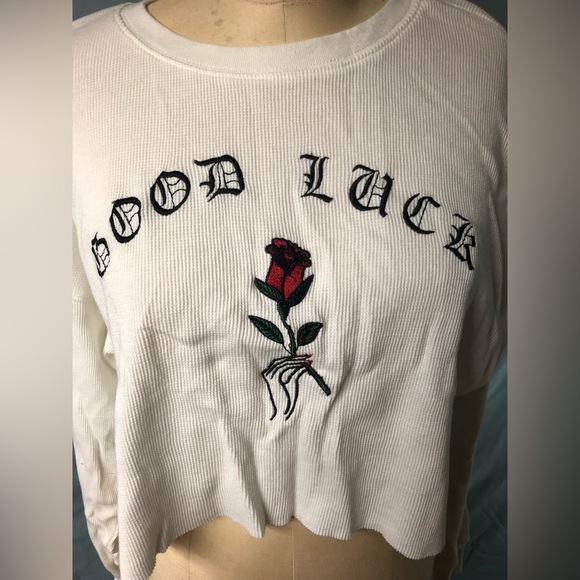 Forever 21 Good Luck Embroidered Long Sleeve White Waffle Crop Top, Size S - Picture 4 of 5